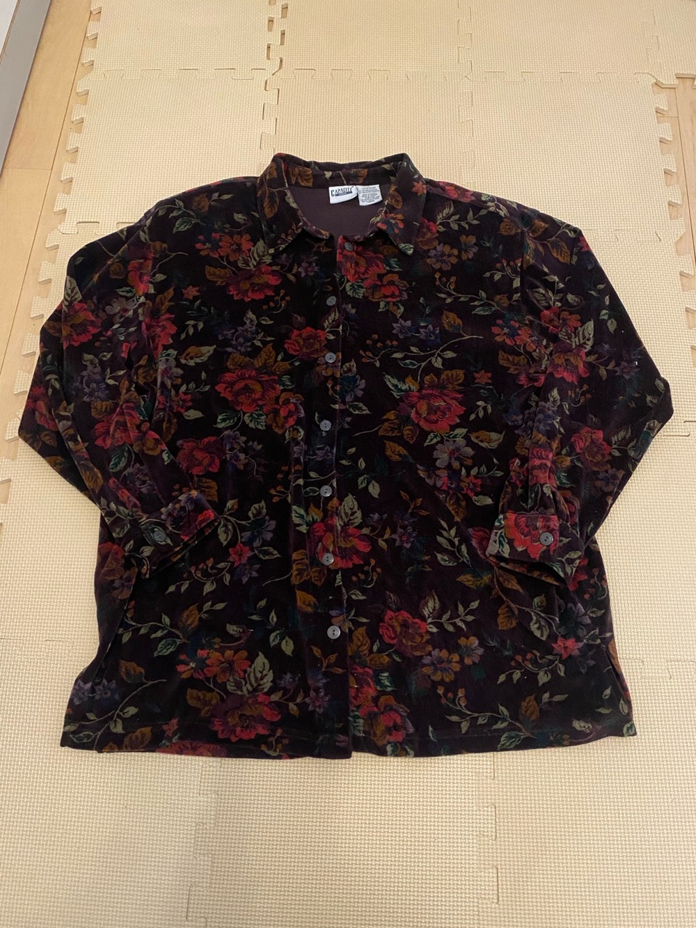 Velvet Floral Button-Down Shirt - Brown with Multicolor Floral Size 1X